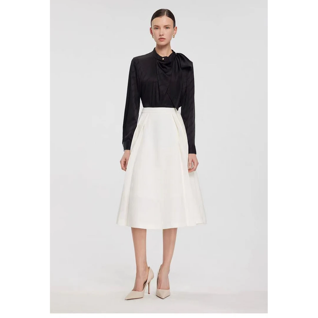 S家法式赫本风优雅高腰A摆提花半身裙简约复古时尚设计感