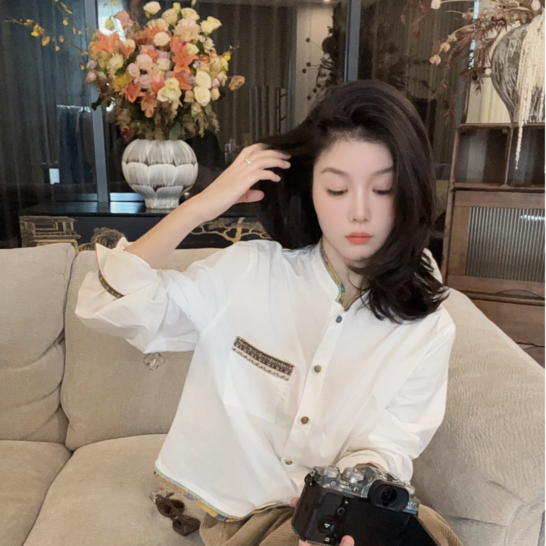 【悦悦专属】新款时尚百搭拼色单口袋气质显瘦长袖衬衣Y1206