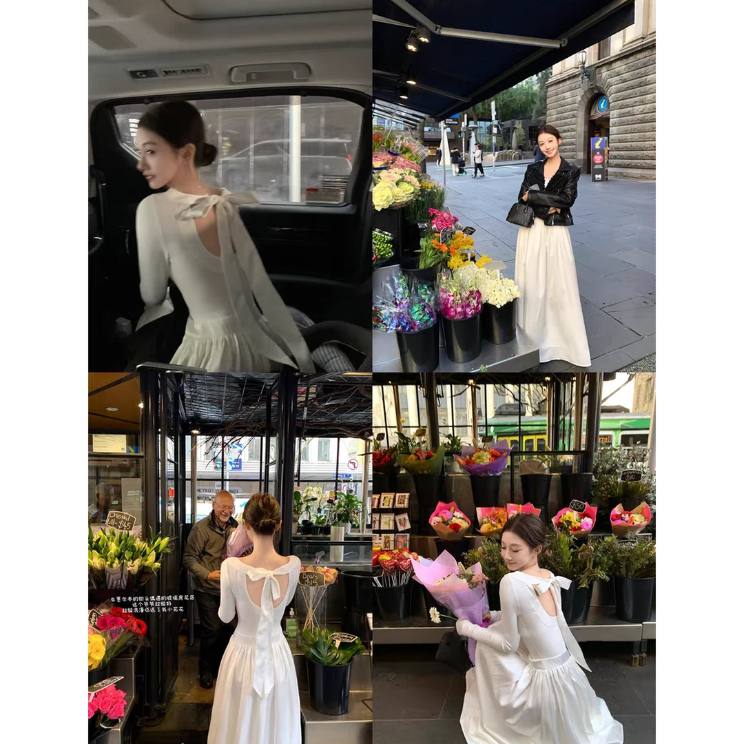 法式白色露背绑带长袖收腰显瘦连衣裙春秋女Z 9210#