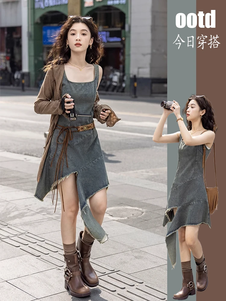 复古不规则牛仔吊带裙女2025夏季新款设计感连衣裙水洗毛边短裙子