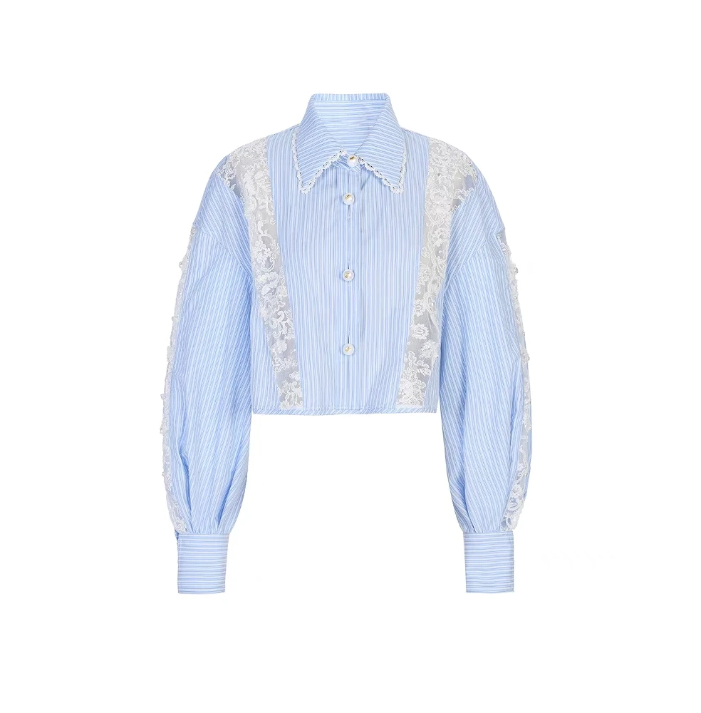 2025夏新款衬衣韩系学姐蕾丝刺绣拼接蓝白条纹短款衬衫