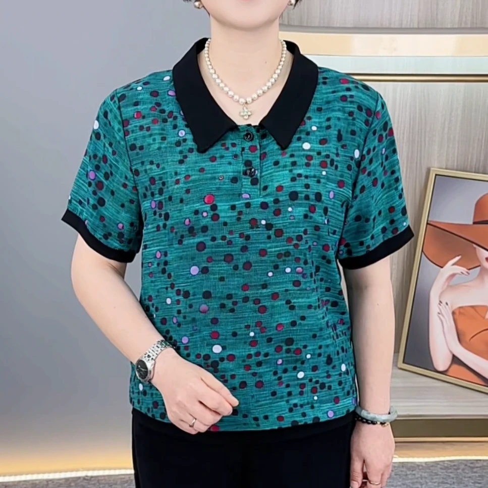 夏季新款时尚翻领波点印花气质妈妈装宽松显瘦百搭短袖上衣H612