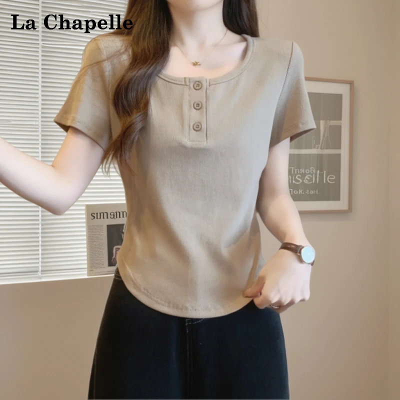 拉夏贝尔夏季新款纽扣T恤女正肩修身打底衫大码休闲显瘦短袖上衣