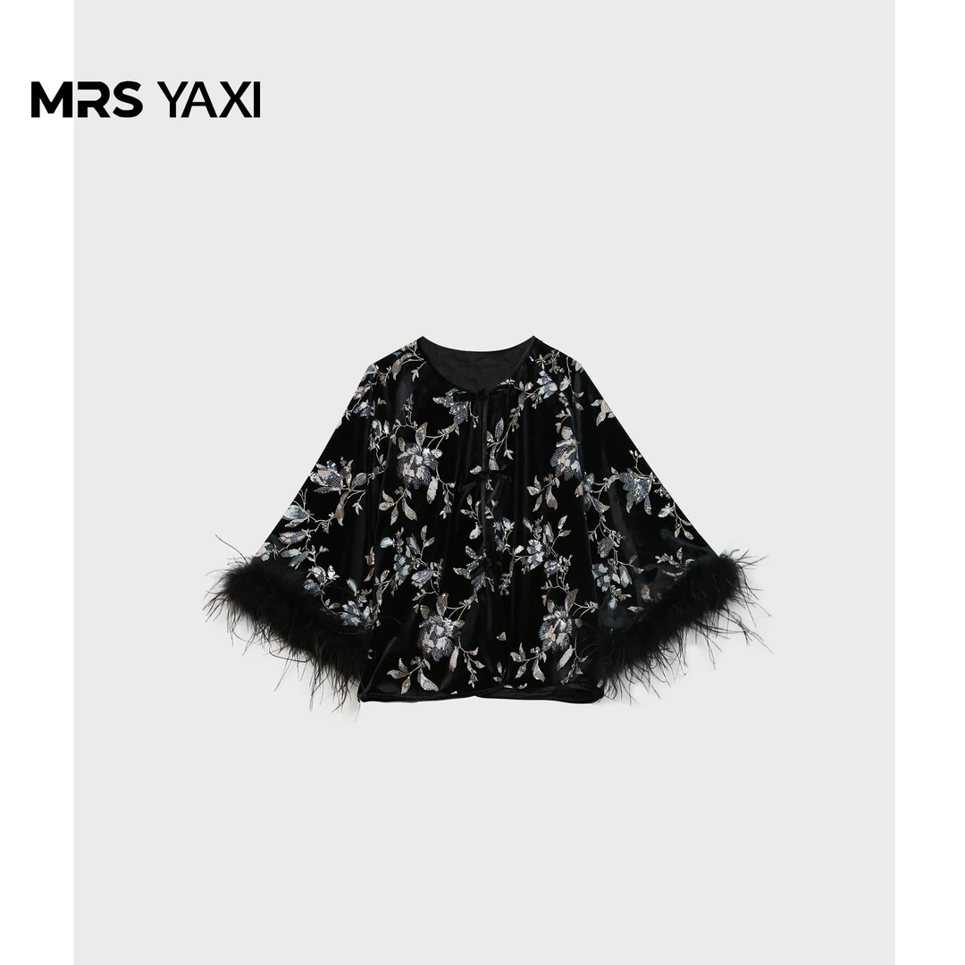 Mrsyaxi原创重工刺绣新中式国风驼鸟毛袖丝绒外套YX5101001