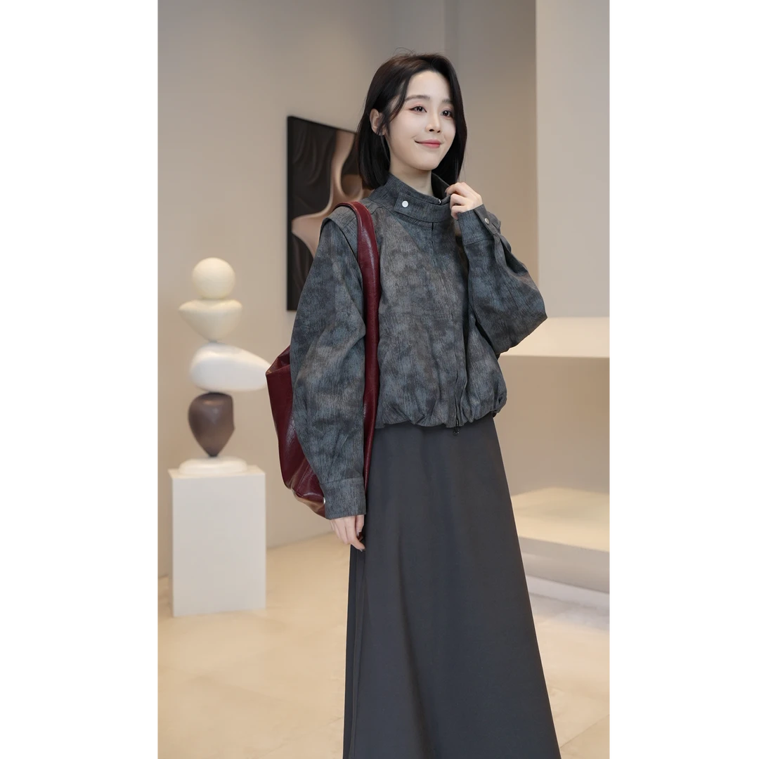 【YUE YUE】时尚摩登立领印花复古可拆卸长袖设计感外套W986