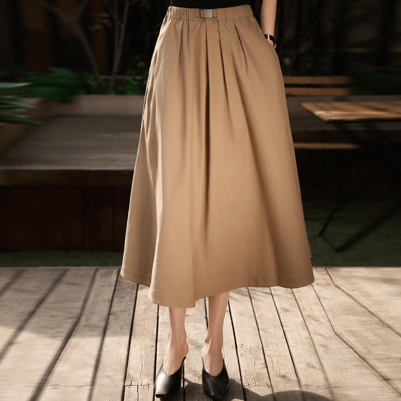 哥弟阿玛施正2025夏季新款通勤百搭腰头褶皱插袋垂感半裙半身裙女