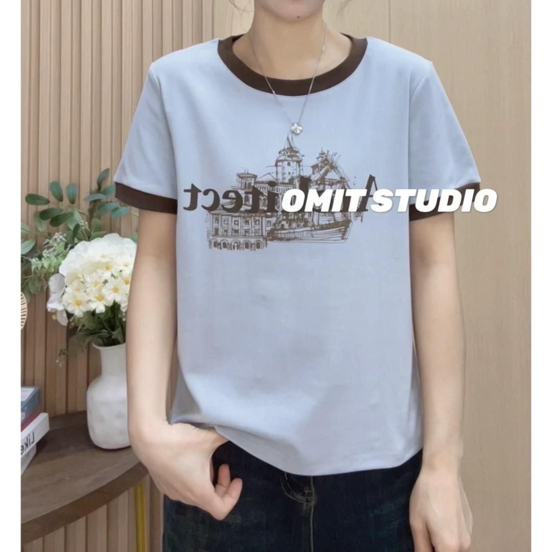 【冰岛蓝T】新款正肩弹力棉撞色拼接春夏极简短袖