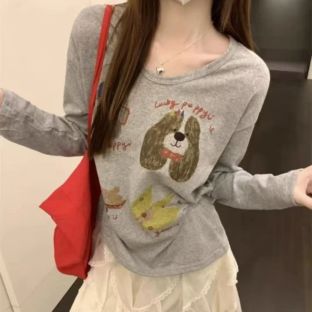 婷婷家可爱狗狗印花长袖T恤女春夏新款宽松打底衫上衣