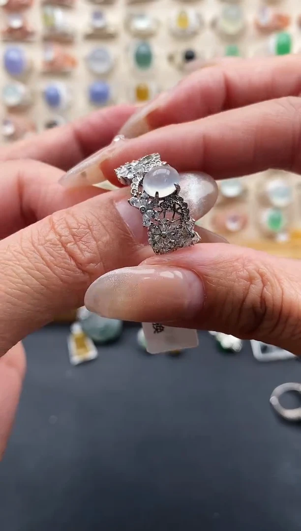 银S925镶嵌戒指翡翠菌*缅甸天然A货翡翠1 7-1