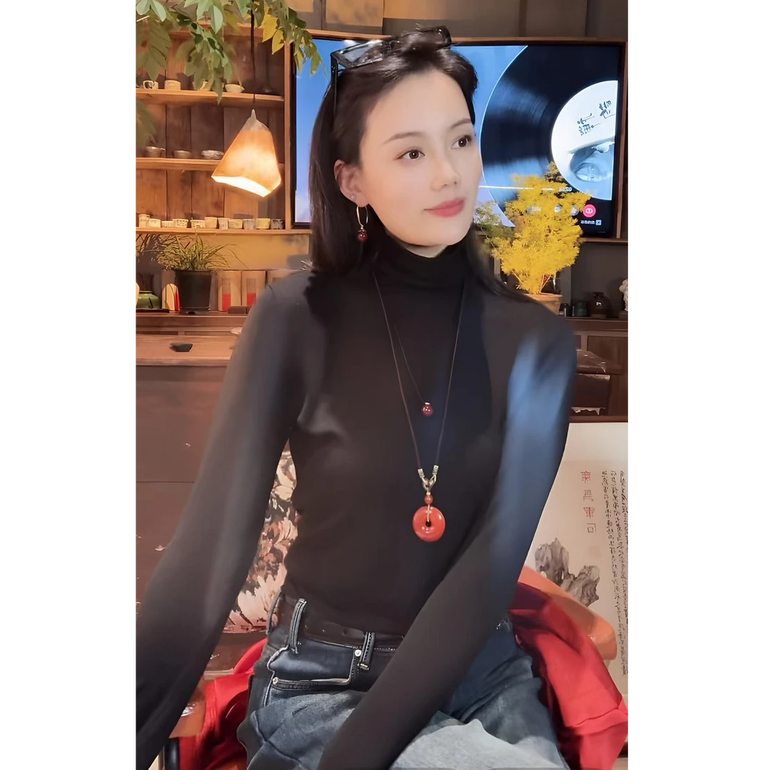 【彩彩美学】山羊绒高领打底衫女天丝莫代尔修身亲肤T恤弹力针织衫