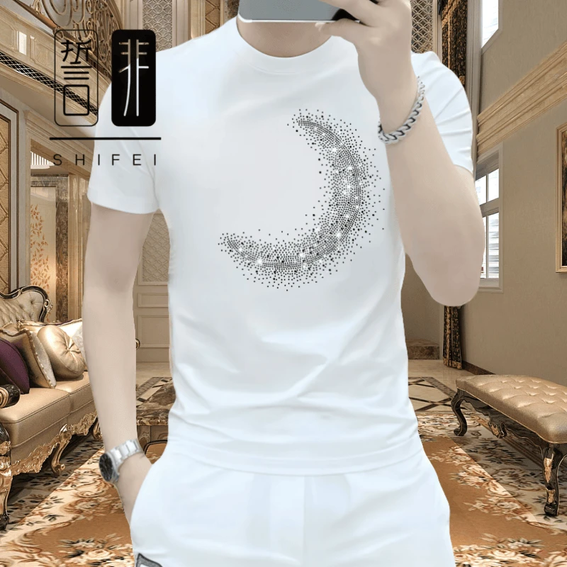 夏季休闲圆领男士T恤轻奢时尚百搭潮流修身高档烫钻冰丝短袖上衣