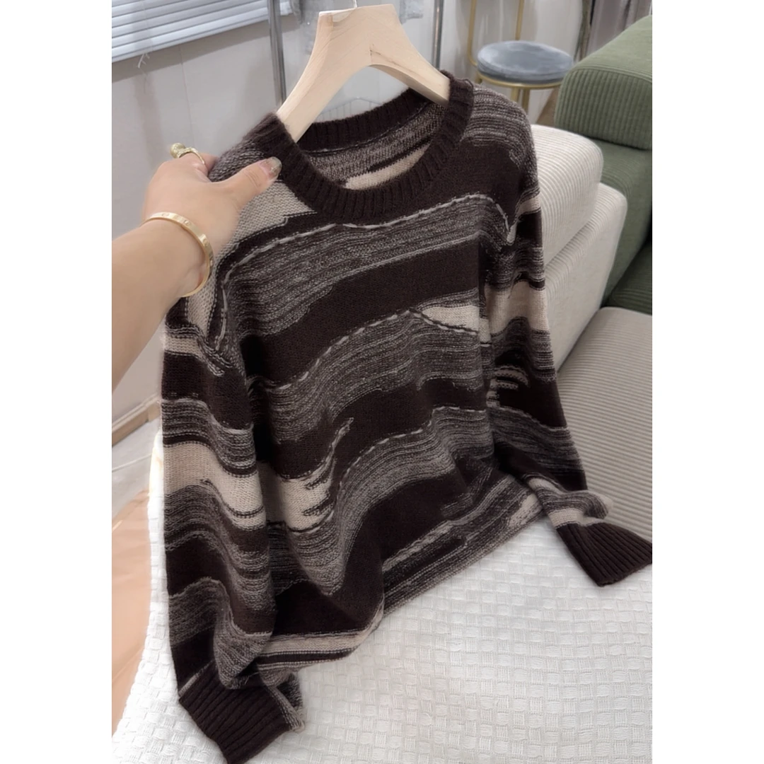 芮3410【时尚不规则条纹毛衣】秋冬新款韩版慵懒风ins百搭上衣芮
