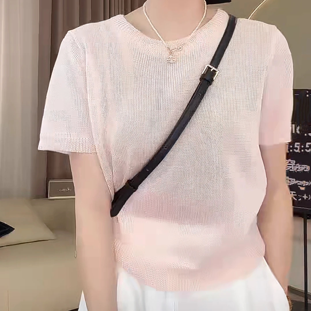 设计感后背抽绳冰丝显瘦时尚百搭简约纯色休闲短袖夏季减龄上衣