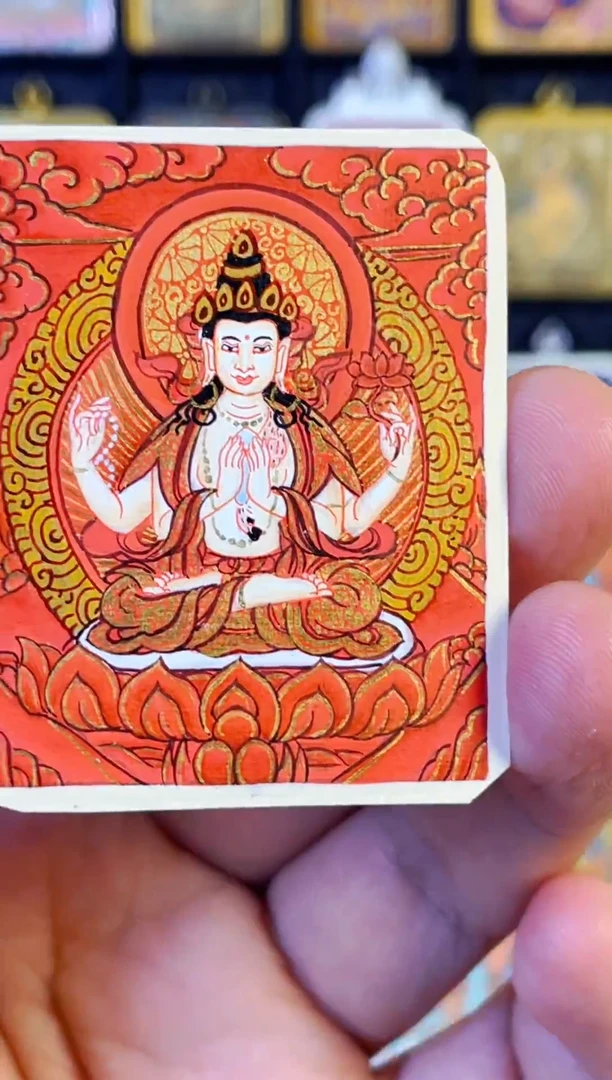 吊坠热贡纯手绘唐卡红金唐四臂