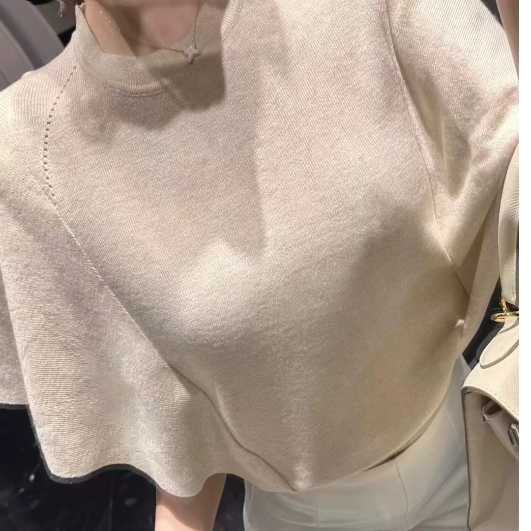 【TONG】春季内搭打底衫高级感气质宽松蝙蝠袖圆领针织衫（001)