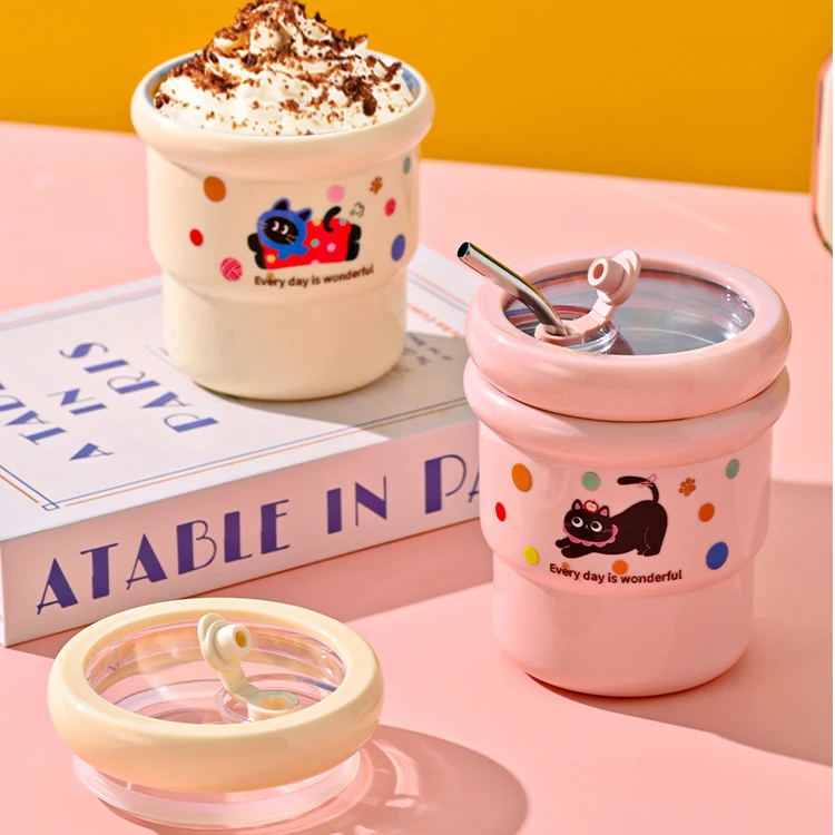 马克杯304不锈钢多巴胺咖啡杯办公室带盖喝水杯泡茶杯吸管大容量