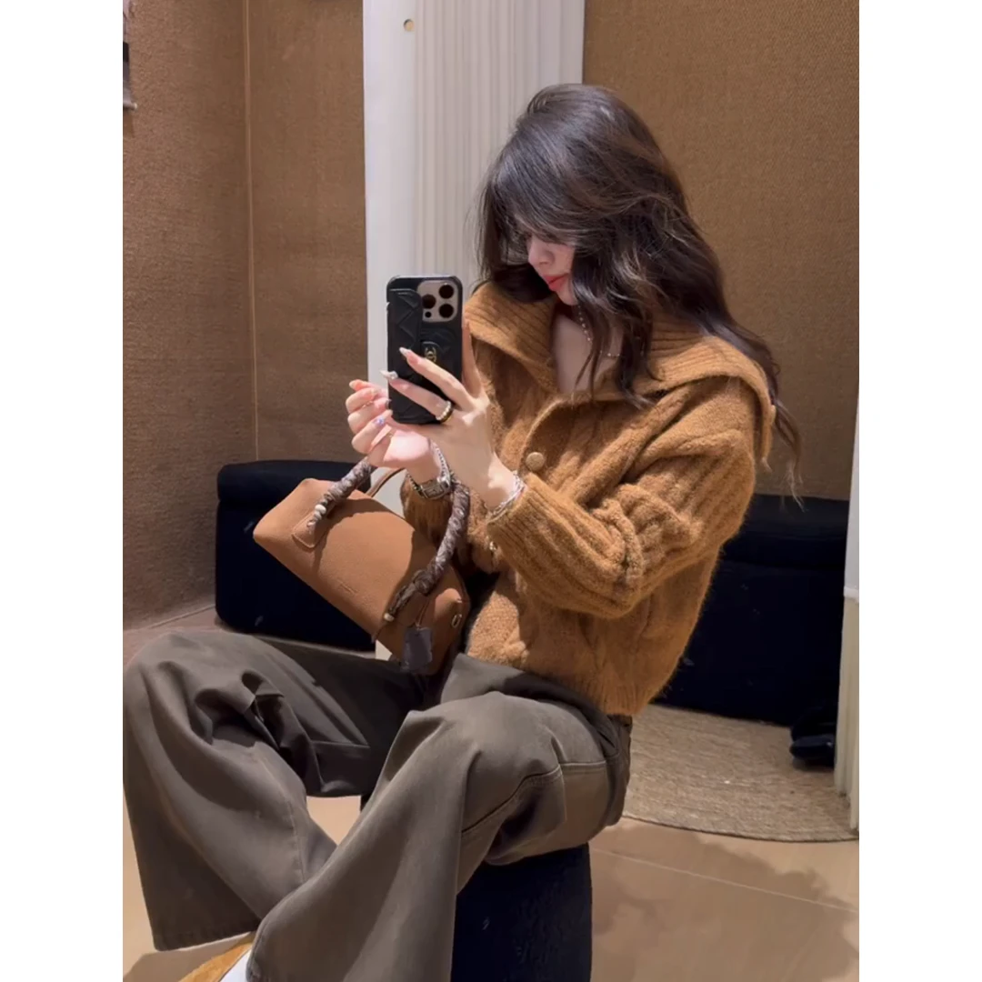 法式复古气质翻领长袖针织开衫女秋季新款慵懒风毛衣外套百搭裤子