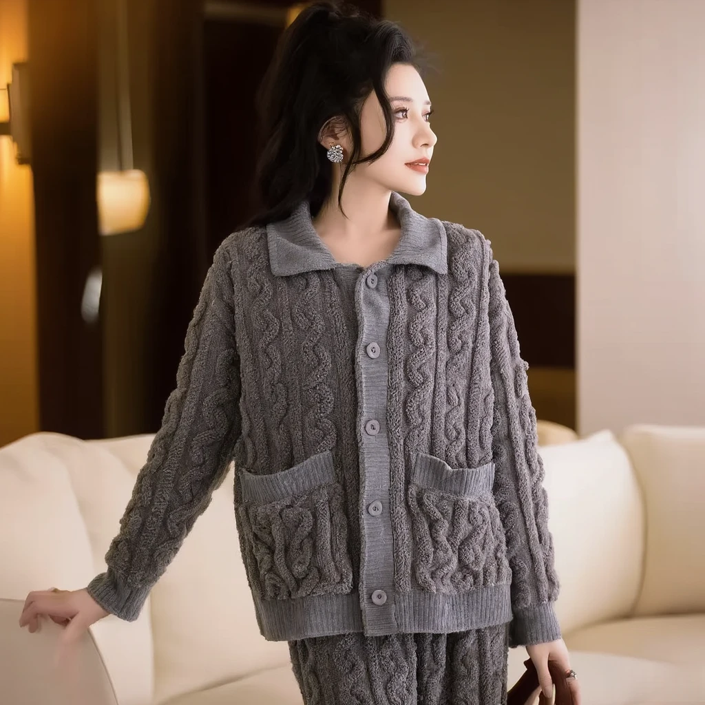 男款加绒加厚微弹秋冬季保暖睡裤家居服睡衣套装男女同款裤子
