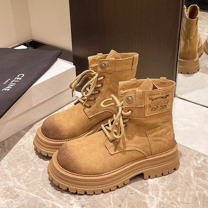 工装马丁靴短靴女2025秋季新款厚底靴子炸街磨砂皮复古擦色大黄靴