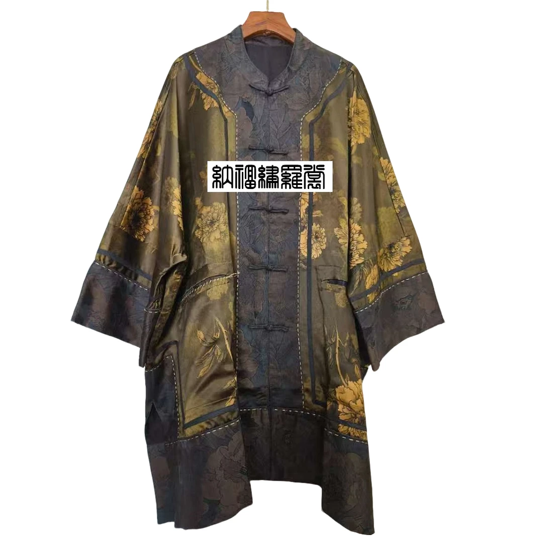 纳福|原创 B134548桑蚕丝皮子立领对襟盘扣绿底金牡丹卡袍新中式