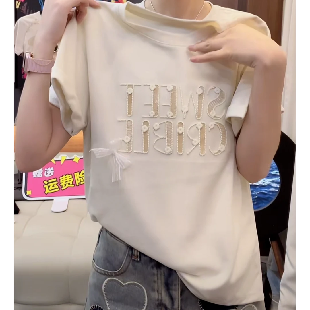 韩版显瘦正肩短袖T恤女2025夏季新款重工刺绣小个子设计感上衣