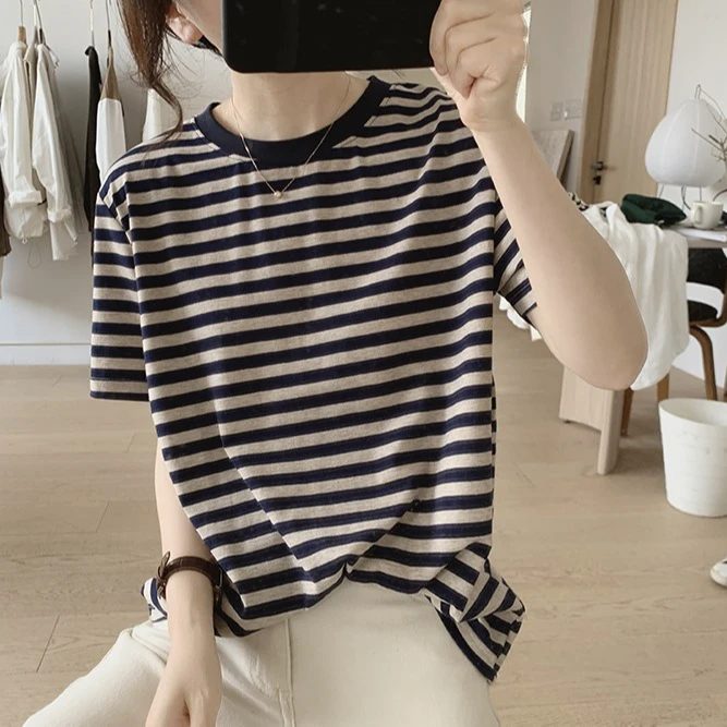 正肩短袖美式复古条纹t恤女2025年新款独特小众气质宽松上衣夏季