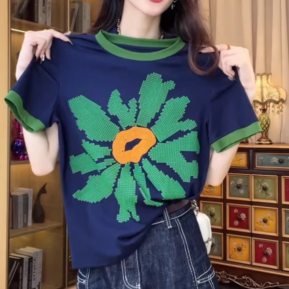 【高档纯棉】新款正肩拼色印花短袖T恤ins时尚洋气百搭显瘦上衣