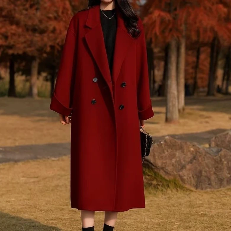 1-30 冬季双面羊毛大衣女生外套韩版中长款