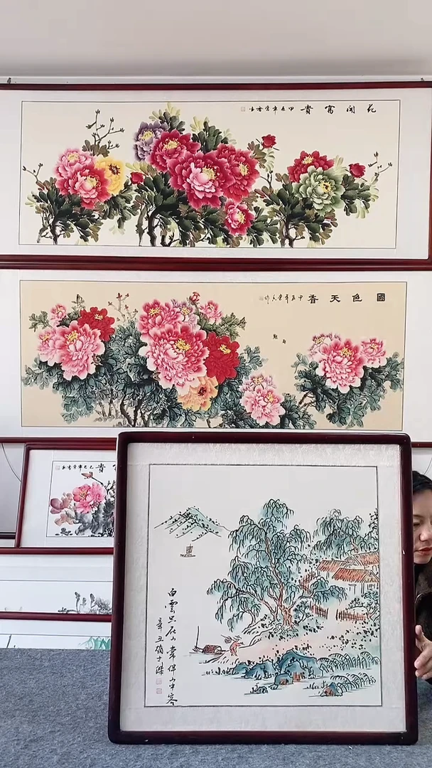 国画纯手绘国画65*65带框装饰挂画