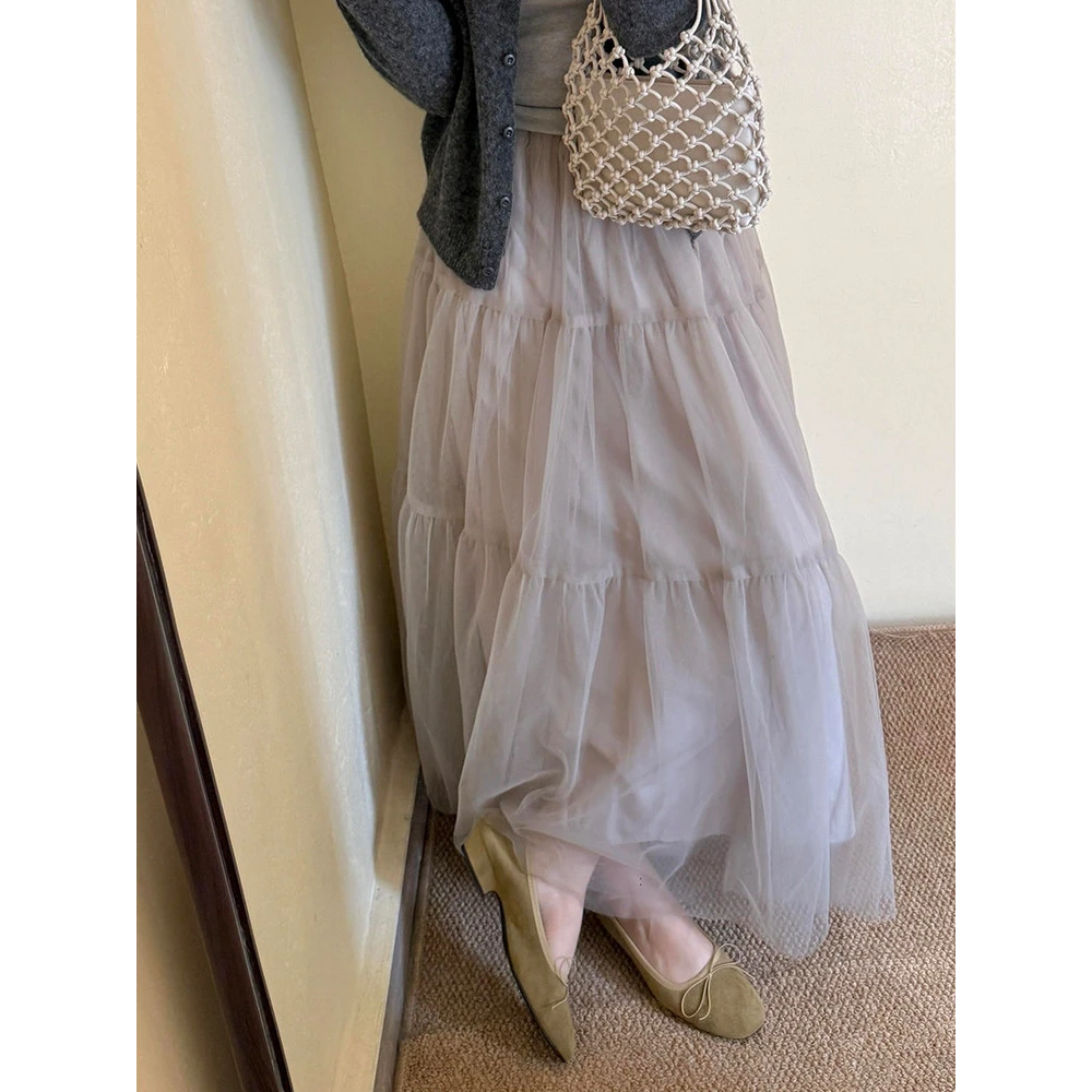 慵懒范！一眼就爱上了！高级感气质淡紫色网纱半身裙女高腰中长裙子