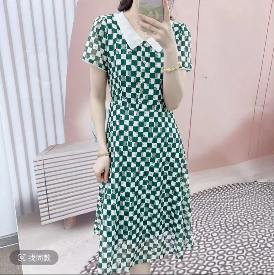 夏季高端优雅知性棋盘格高腰可开扣修身短袖连衣裙2255【2】