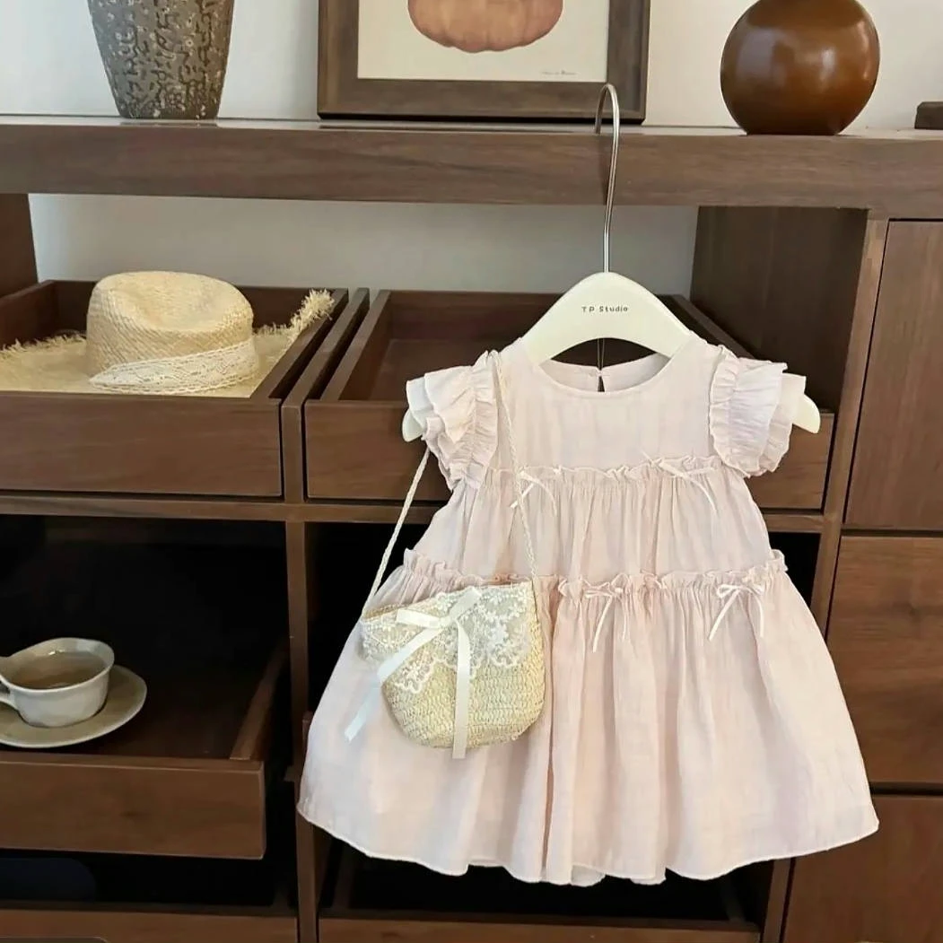女童连衣裙舒适休闲女童夏新款飞飞袖蝴蝶结甜美公主裙女宝背心裙