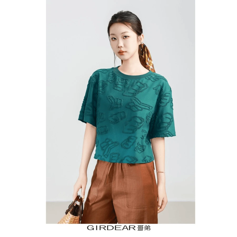 GIRDEAR/哥弟休闲时尚简约百搭圆领显瘦减龄套头短袖T恤女1300790
