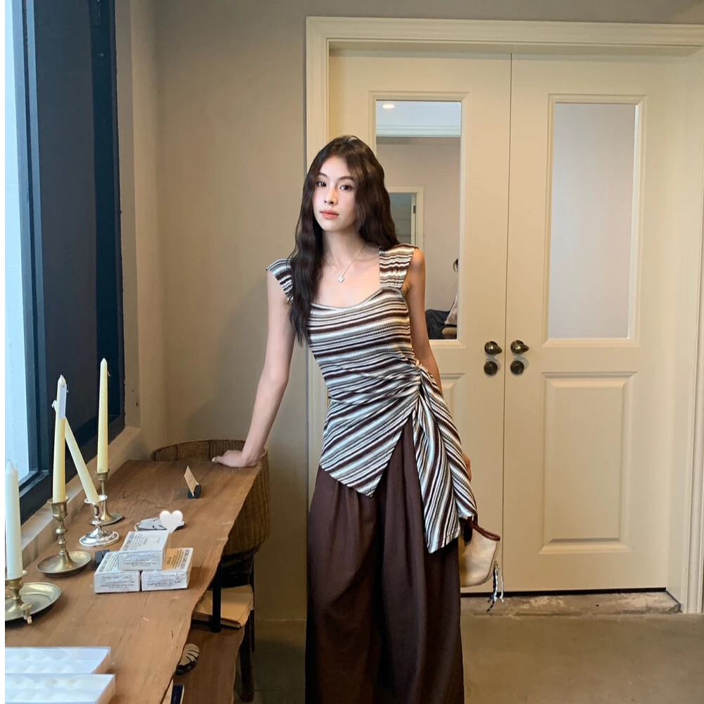 JIAHUI老钱风百搭套装复古气质条纹无袖背心女装夏季休闲裤两件套