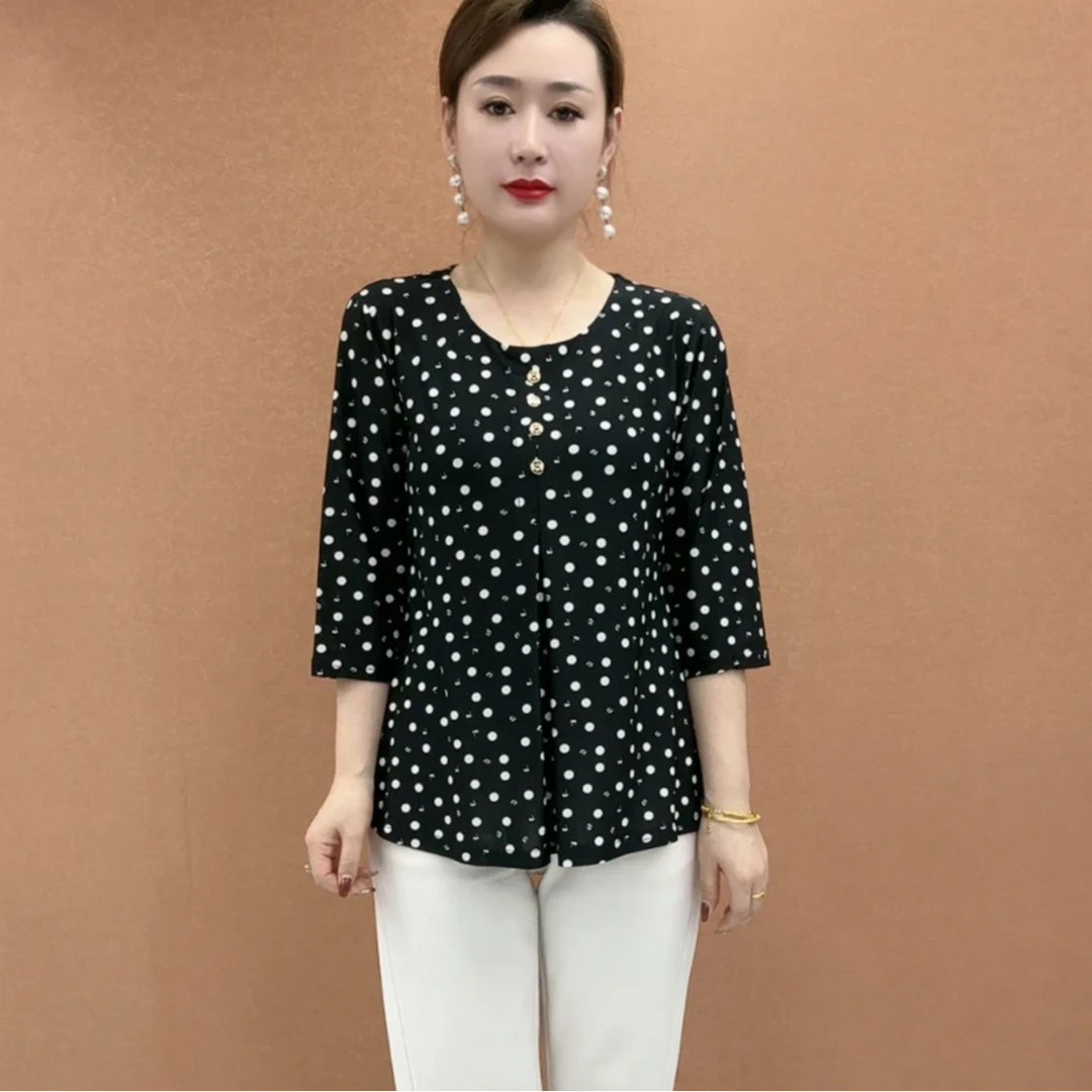 288大码女装韩版圆点时尚薄款法式圆领中老年女装遮肚子夏季小衫