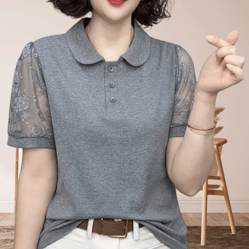 新款短袖T恤女翻领蕾丝镂空设计感百搭洋气减龄气质时尚显瘦上衣