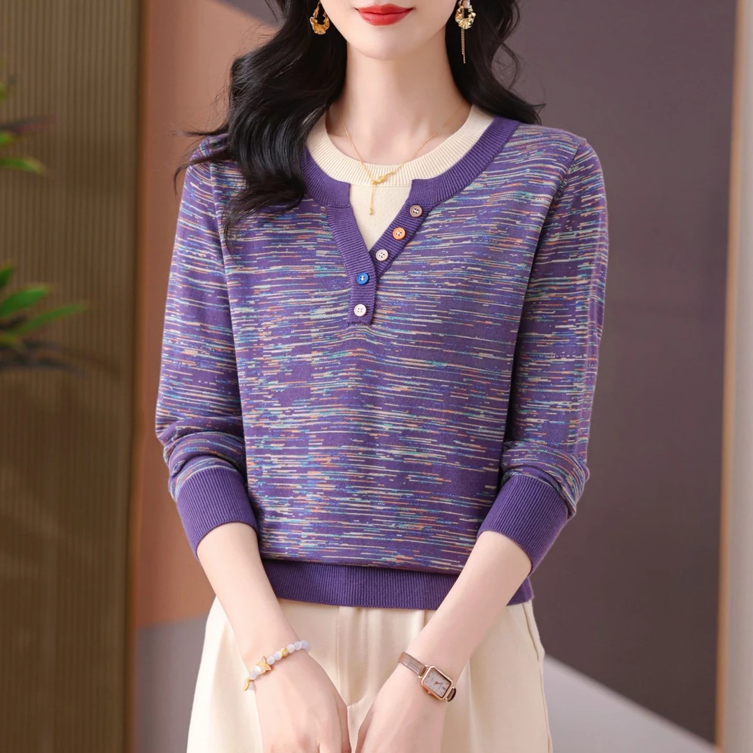 彩纱圆领假两件爆款针织衫2025春秋新款长袖薄款显瘦洋气套头小衫