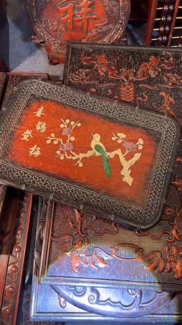 非洲紫檀（红花梨）赏盘36x24cm无底座喜鹊登梅