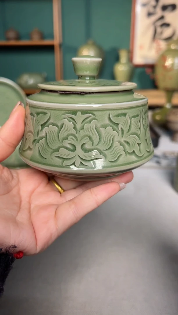 【闪购商品】其他耀州窑纯手工刻花牡丹汉阙茶罐微瑕失圆