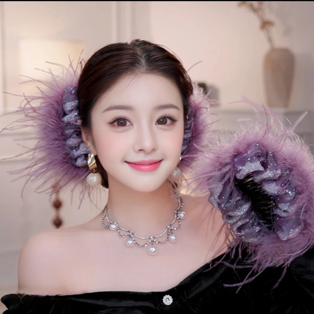 秋冬新款泡泡流沙羽毛抓夹氛围感后脑勺发夹发饰超仙小众鲨鱼夹女