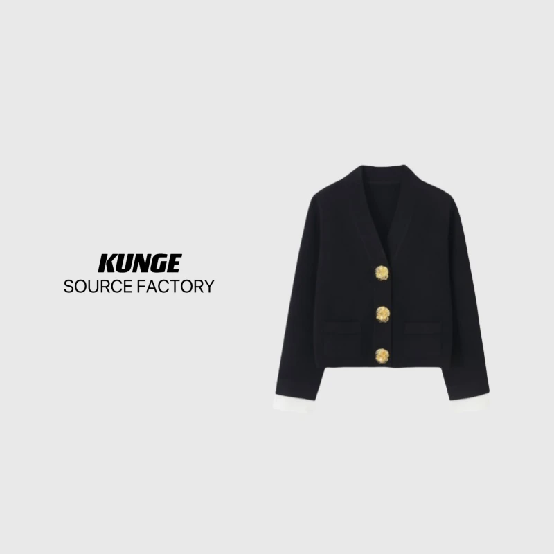 KUNGE- 轻奢高级感针织开衫秋季重工金色扣V领小香风外套-259