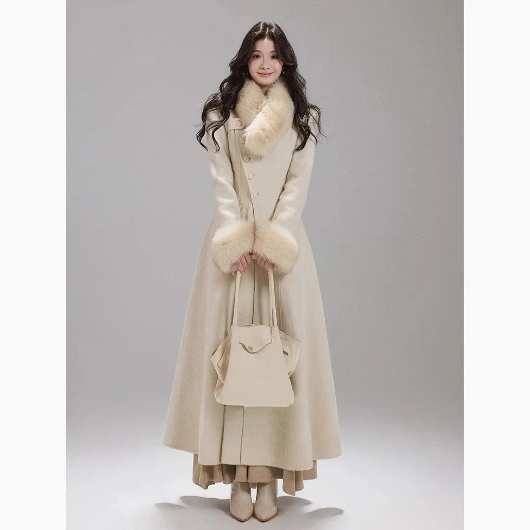 年终狂欢季秋冬大毛领温柔加厚加绒气质保暖千金长款收腰大衣外套