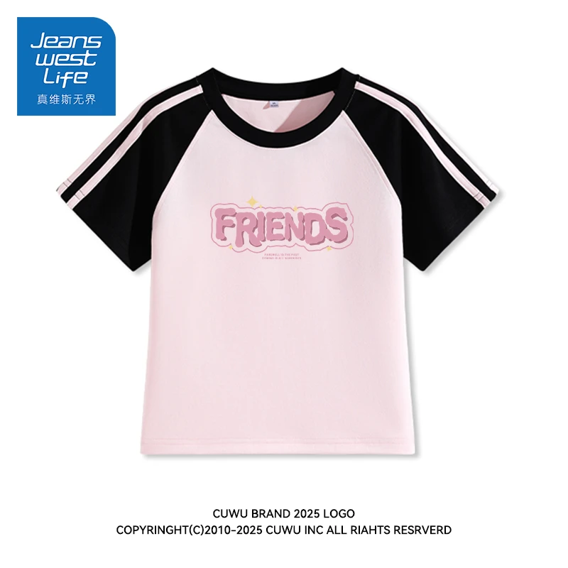 真维斯无界夏季2025撞色插肩拼条短T美式字母印花甜妹学院风穿搭