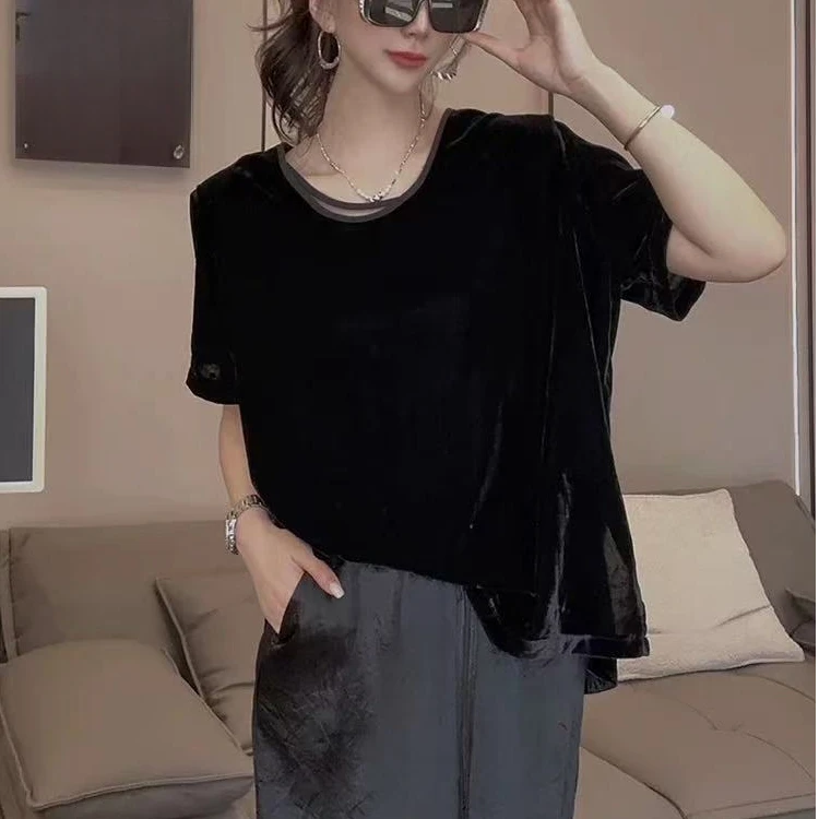 WF05# 时尚法式新款金丝绒短袖