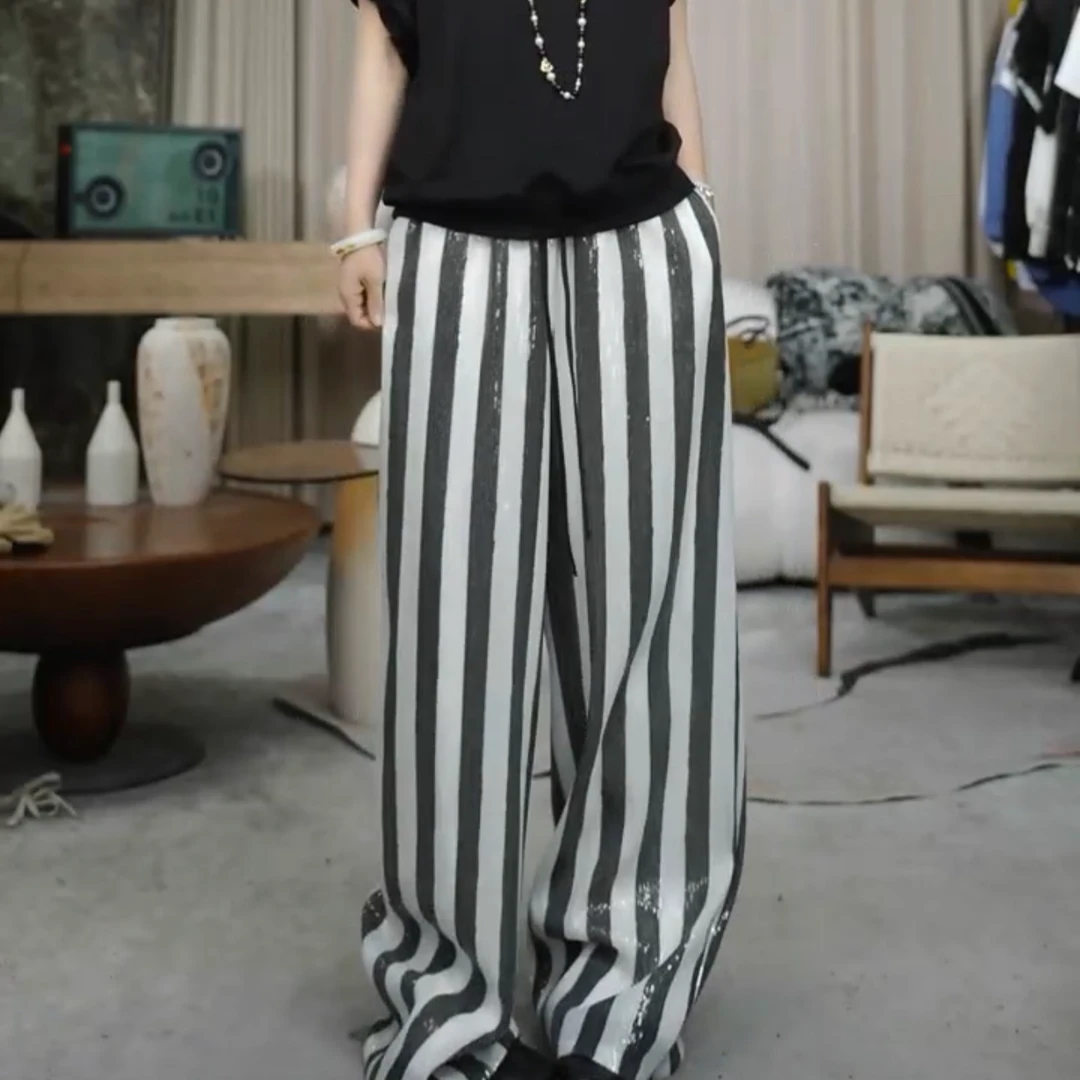 infobyfive2025夏季新款闪闪亮片黑白竖条纹长裤NF0502231