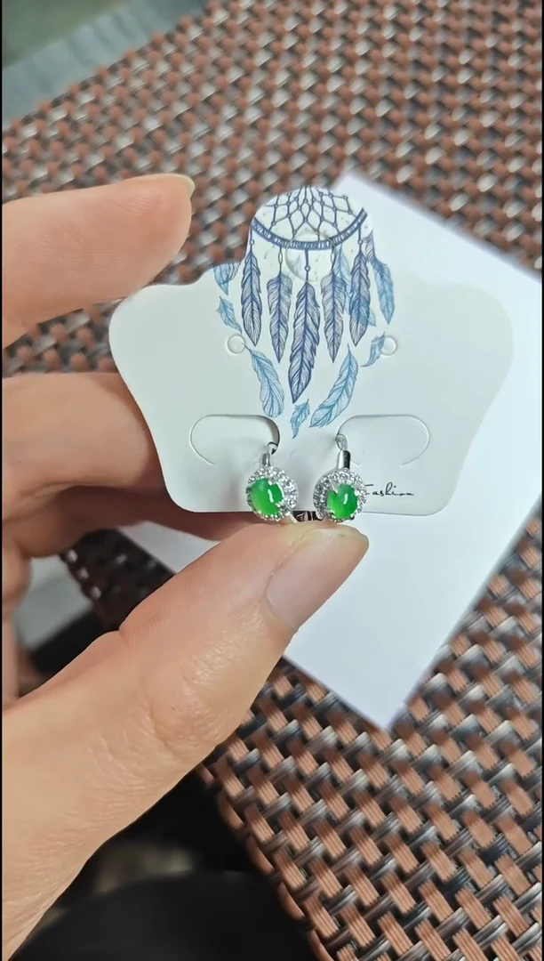 【闪购商品】翡翠耳饰银S925镶嵌翡翠耳饰S925银镶嵌