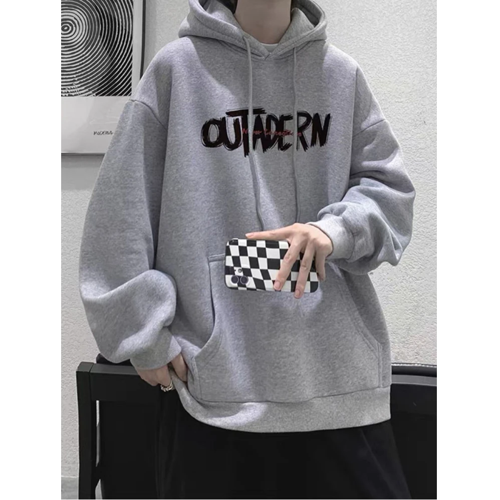 重磅男生秋冬加绒加厚连帽卫衣男士美式潮牌字母学生宽松休闲外套