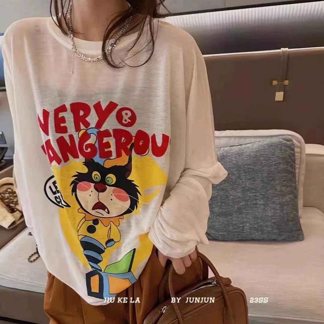 雪花棉防晒白色长袖t恤女夏季设计小众印花宽松chic港味罩衫上衣