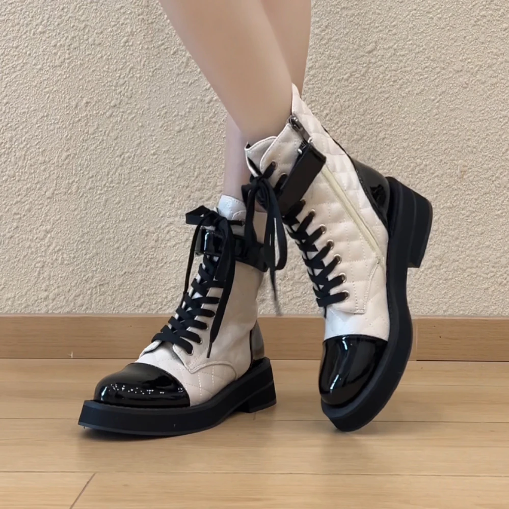 RubyL/5cm时尚小香风拼色菱格纹百搭侧拉链圆头粗跟马丁靴女款