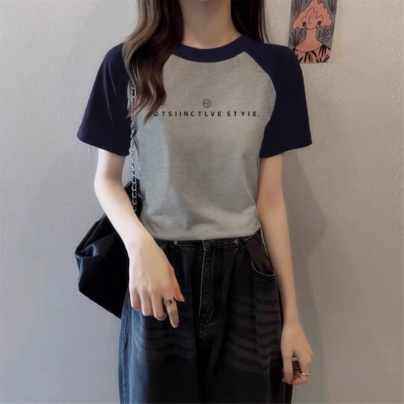 撞色短袖t恤女薄款夏季韩版潮宽松插肩圆领半袖女士体恤上衣显瘦